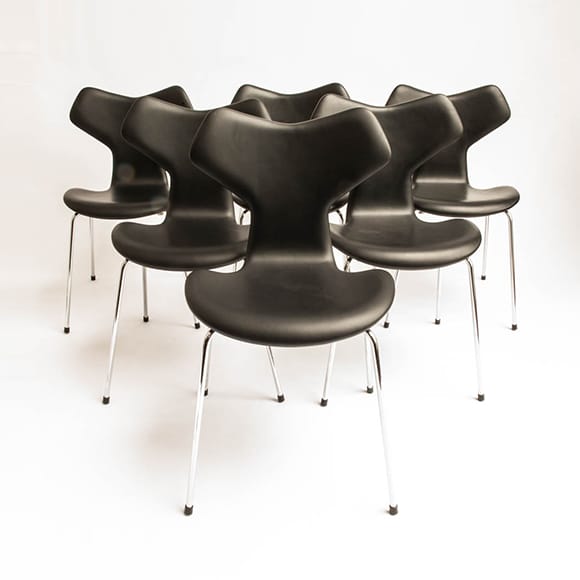 Grand Prix Chair, Model 3130, Black leather, Set of 6 